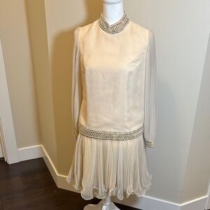 Vintage Ivory Beaded Trim Long-Sleeve Pleated Hem Dress